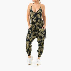 Flower Harem Jumpsuit Cotton Halter Neck Tapered Leg Pockets Palm Frond